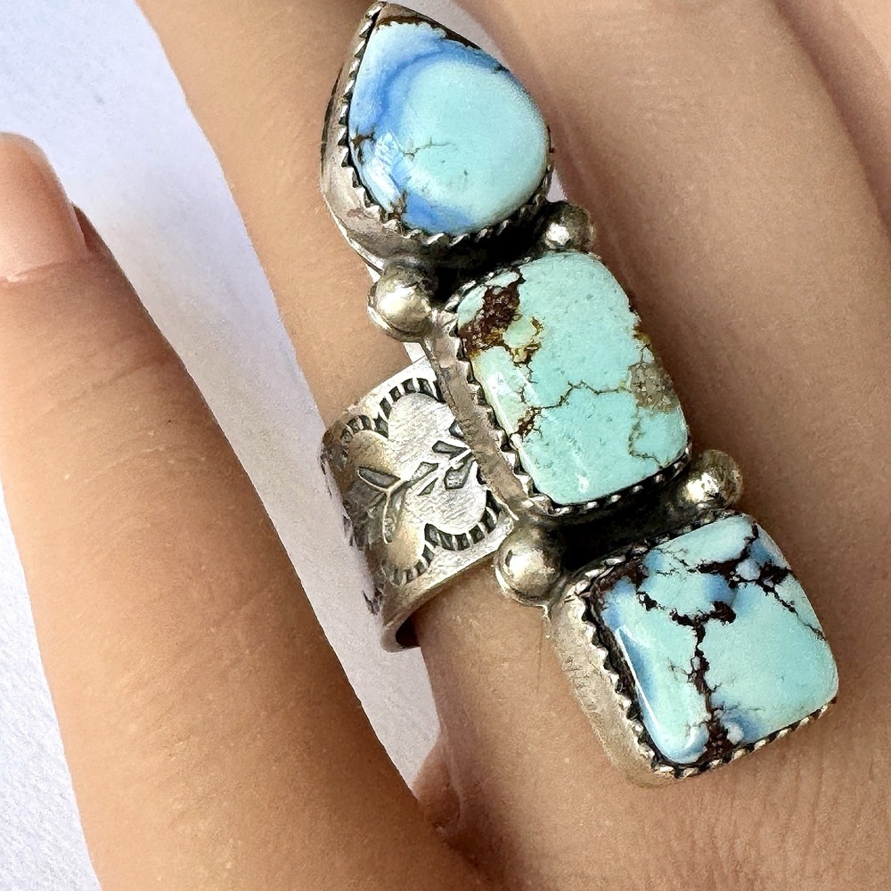 Navajo Arrow Turquoise Ring Sz 7 Blue Golden Hills Adjust Signed Begay Sterling